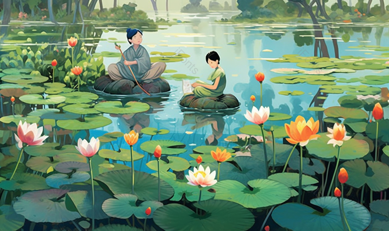 绿色大暑夏天池塘荷叶荷花和人群插画,插画/手绘图,插画/手绘图库,插画/手绘图下载,插画/手绘
